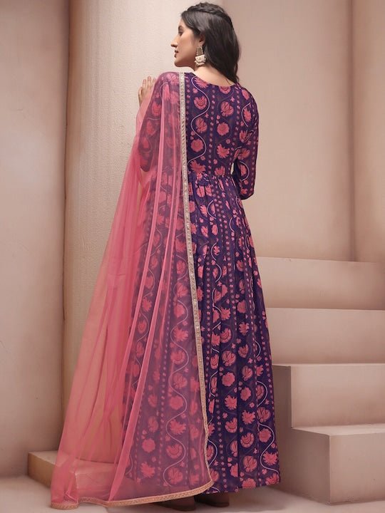 Pink & Blue Ethnic Motifs Printed Georgette Anarkali Kurta - Inddus.com