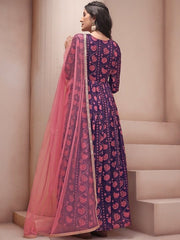 Pink & Blue Ethnic Motifs Printed Georgette Anarkali Kurta - Inddus.com