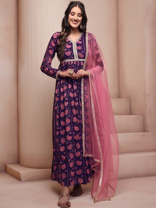 Pink & Blue Ethnic Motifs Printed Georgette Anarkali Kurta - Inddus.com