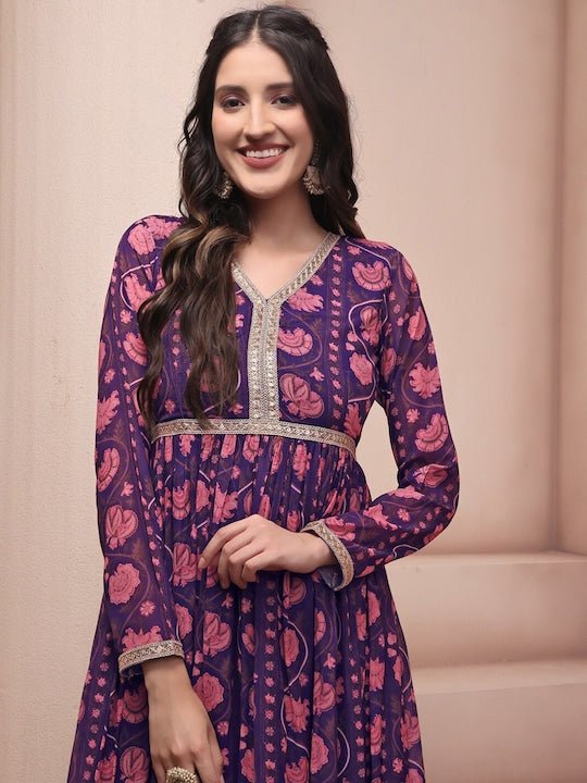 Pink & Blue Ethnic Motifs Printed Georgette Anarkali Kurta - Inddus.com