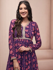 Pink & Blue Ethnic Motifs Printed Georgette Anarkali Kurta - Inddus.com