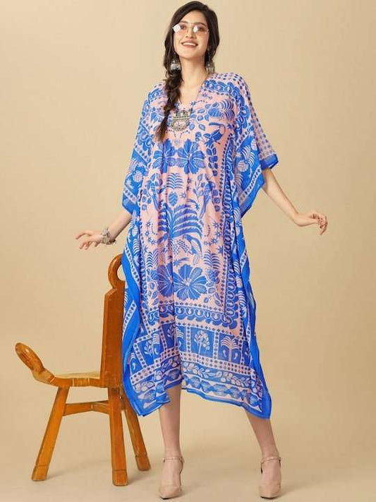 Pink & Blue Tropical Printed Kaftan Kurta - Inddus.com