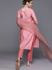 Pink Chanderi Cotton Printed Straight Cut Suit - inddus-us