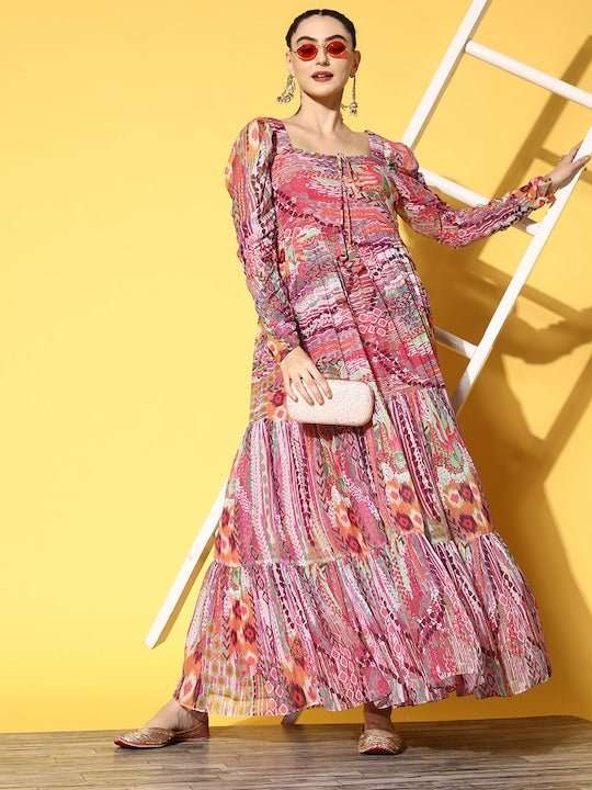 Pink Chiffon Maxi Dress - Inddus.com