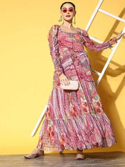 Pink Chiffon Maxi Dress - Inddus.com