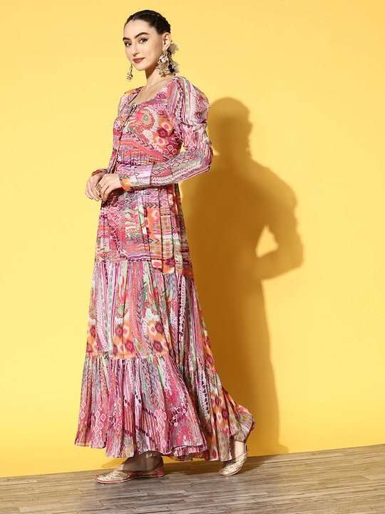 Pink Chiffon Maxi Dress - Inddus.com