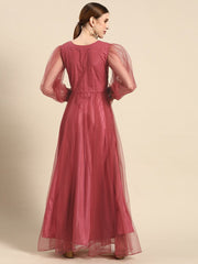 Pink Embellished Detail Net Maxi Dress - Inddus.com