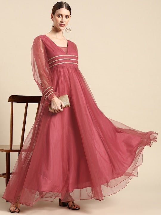 Pink Embellished Detail Net Maxi Dress - Inddus.com