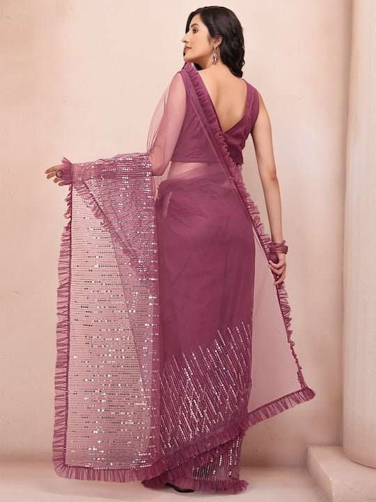 Pink Embellished Sequinned Net Saree