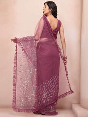 Pink Embellished Sequinned Net Saree
