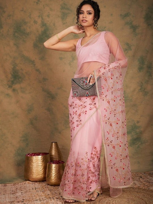 Pink Embroidered Detailed Net Saree - Inddus.com