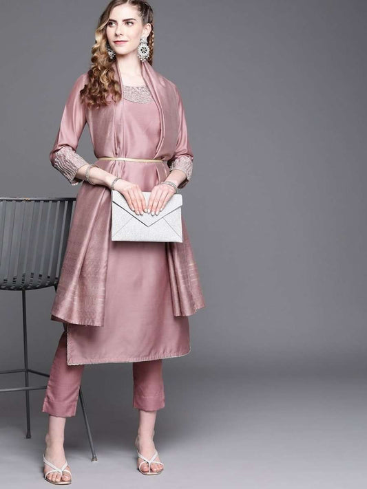 Pink Embroidered Kurta with Pants and Dupatta - Inddus.com