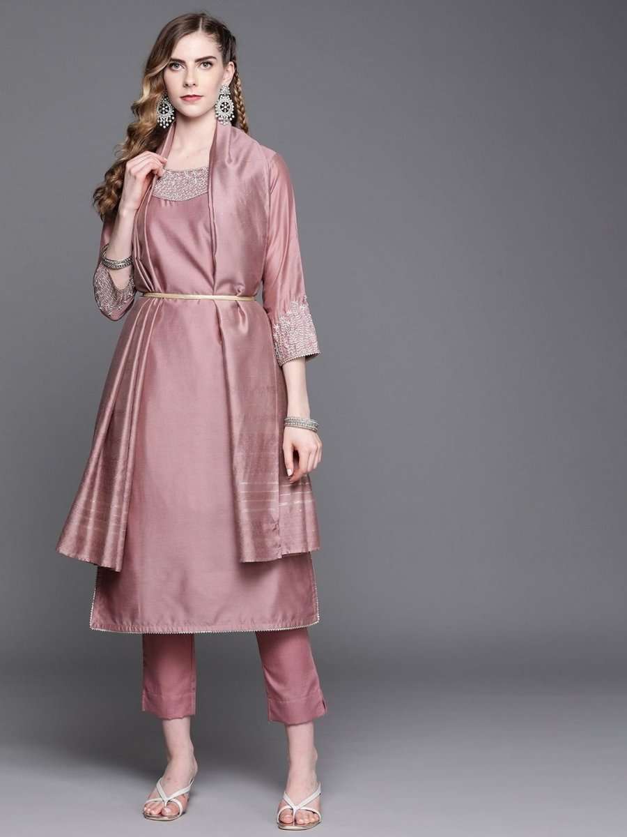 Pink Embroidered Kurta with Pants and Dupatta - Inddus.com