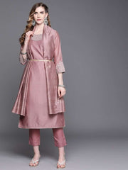 Pink Embroidered Kurta with Pants and Dupatta - Inddus.com