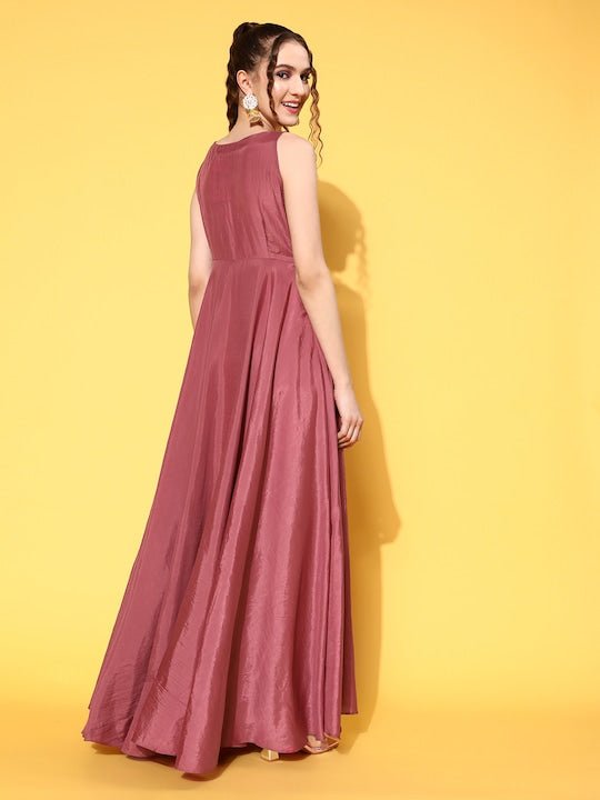Pink Embroidered Maxi Dress With Tie-ups - Inddus.com