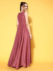 Pink Embroidered Maxi Dress With Tie-ups - Inddus.com