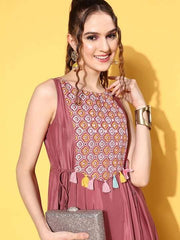 Pink Embroidered Maxi Dress With Tie-ups - Inddus.com