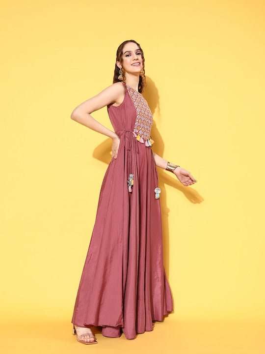 Pink Embroidered Maxi Dress With Tie-ups - Inddus.com