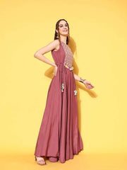 Pink Embroidered Maxi Dress With Tie-ups - Inddus.com