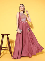 Pink Embroidered Maxi Dress With Tie-ups - Inddus.com