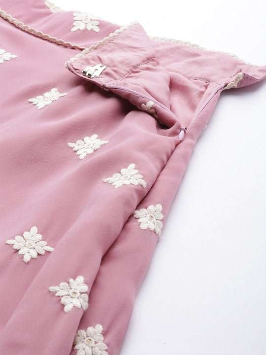 Pink Embroidered Semi-Stitched Lehenga & Unstitched Blouse With Dupatta - Inddus.com