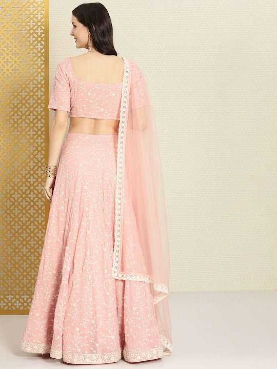 Pink Embroidered Semi-Stitched Lehenga & Unstitched Blouse With Dupatta - Inddus.com