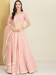 Pink Embroidered Semi-Stitched Lehenga & Unstitched Blouse With Dupatta - Inddus.com