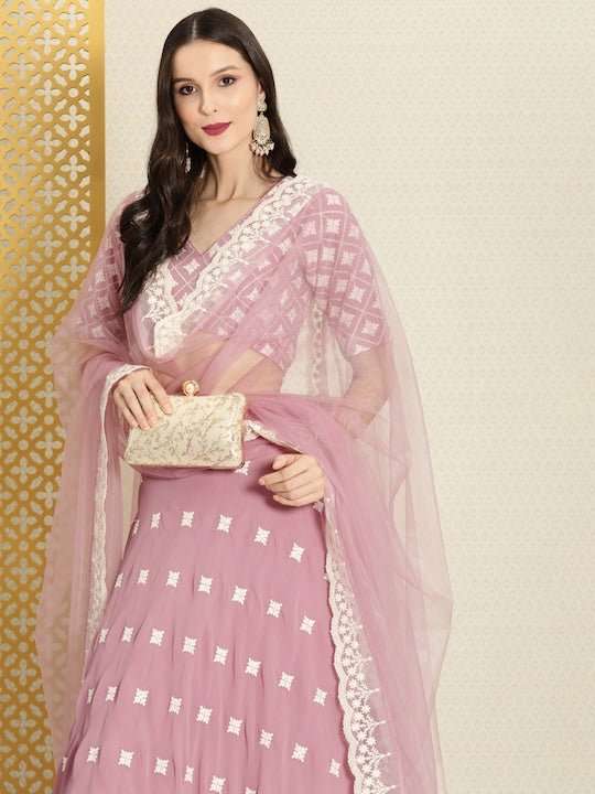 Pink Embroidered Semi-Stitched Lehenga & Unstitched Blouse With Dupatta - Inddus.com