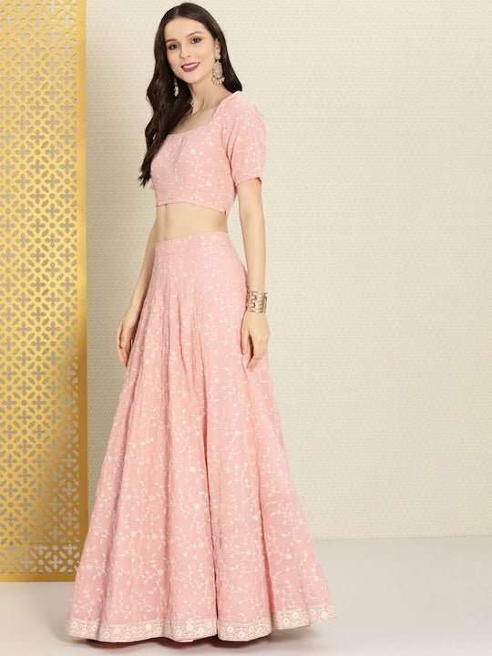 Pink Embroidered Semi-Stitched Lehenga & Unstitched Blouse With Dupatta - Inddus.com