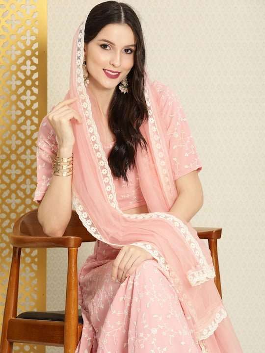 Pink Embroidered Semi-Stitched Lehenga & Unstitched Blouse With Dupatta - Inddus.com