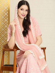 Pink Embroidered Semi-Stitched Lehenga & Unstitched Blouse With Dupatta - Inddus.com