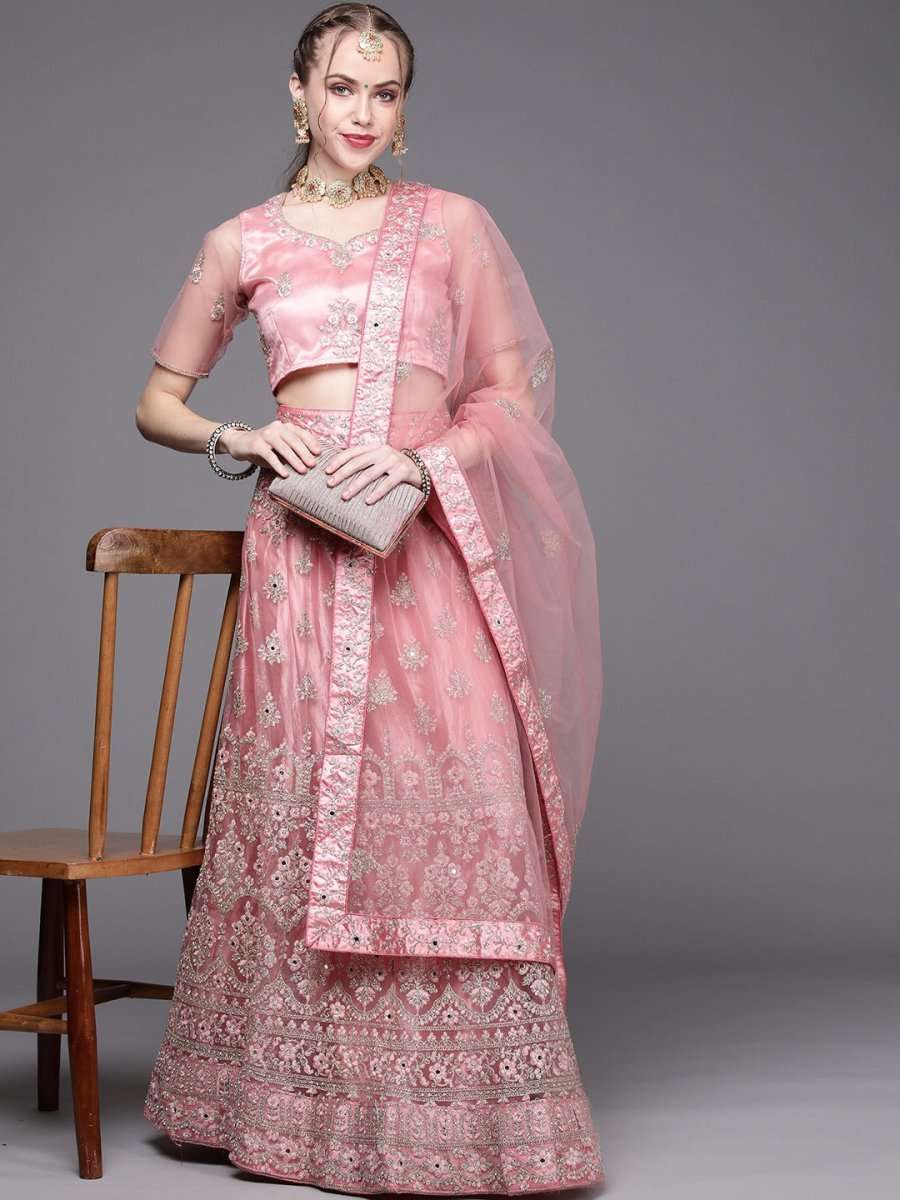 Pink Embroidered Semi-Stitched Lehenga with Unstitched Blouse & Dupatta - Inddus.com