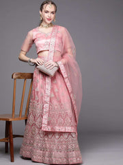 Pink Embroidered Semi-Stitched Lehenga with Unstitched Blouse & Dupatta - Inddus.com