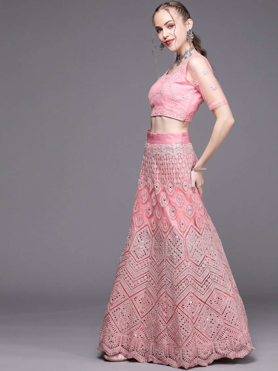 Pink Embroidered Semi-Stitched Lehenga with Unstitched Blouse & Dupatta - Inddus.com