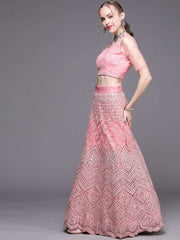 Pink Embroidered Semi-Stitched Lehenga with Unstitched Blouse & Dupatta - Inddus.com