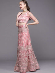 Pink Embroidered Semi-Stitched Lehenga with Unstitched Blouse & Dupatta - Inddus.com