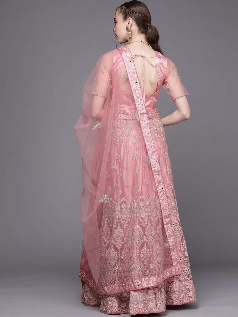 Pink Embroidered Semi-Stitched Lehenga with Unstitched Blouse & Dupatta - Inddus.com