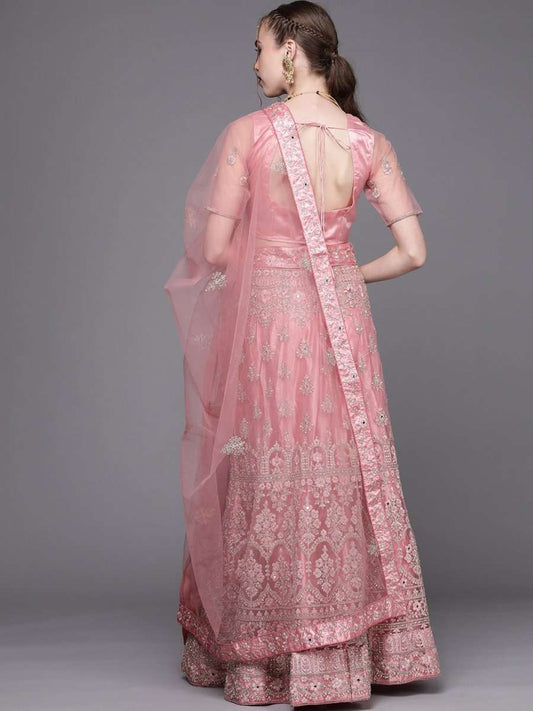 Pink Embroidered Semi-Stitched Lehenga with Unstitched Blouse & Dupatta - Inddus.com