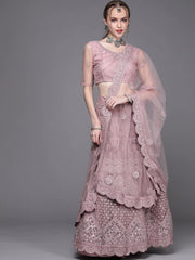 Pink Embroidered Semi-Stitched Lehenga with Unstitched Blouse & Dupatta - Inddus.com