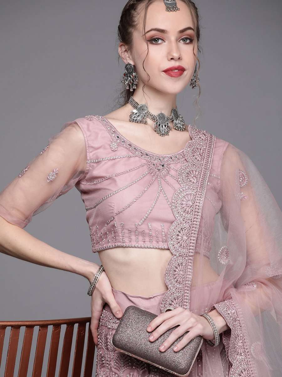 Pink Embroidered Semi-Stitched Lehenga with Unstitched Blouse & Dupatta - Inddus.com