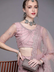Pink Embroidered Semi-Stitched Lehenga with Unstitched Blouse & Dupatta - Inddus.com