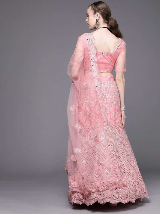 Pink Embroidered Semi-Stitched Lehenga with Unstitched Blouse & Dupatta - Inddus.com