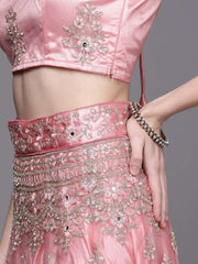 Pink Embroidered Semi-Stitched Lehenga with Unstitched Blouse & Dupatta - Inddus.com