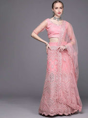 Pink Embroidered Semi-Stitched Lehenga with Unstitched Blouse & Dupatta - Inddus.com