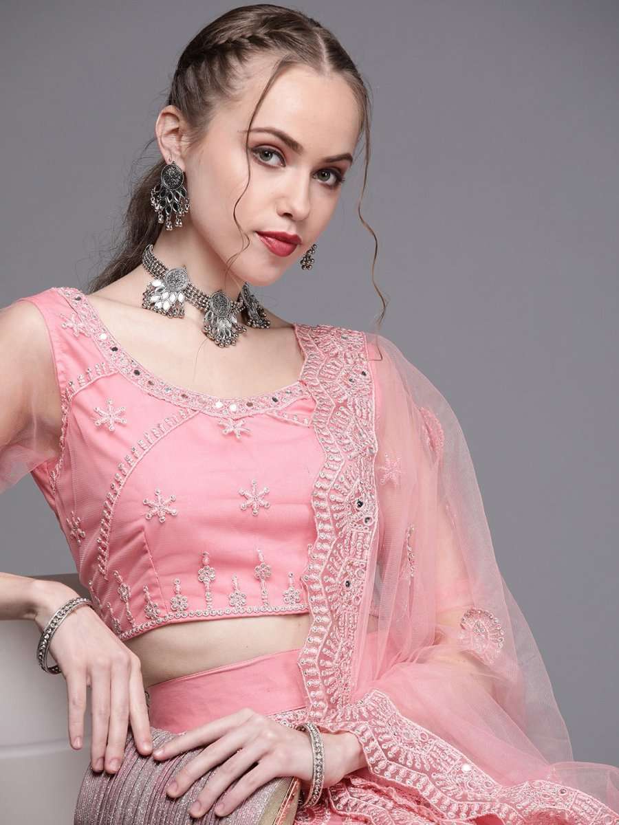 Pink Embroidered Semi-Stitched Lehenga with Unstitched Blouse & Dupatta - Inddus.com