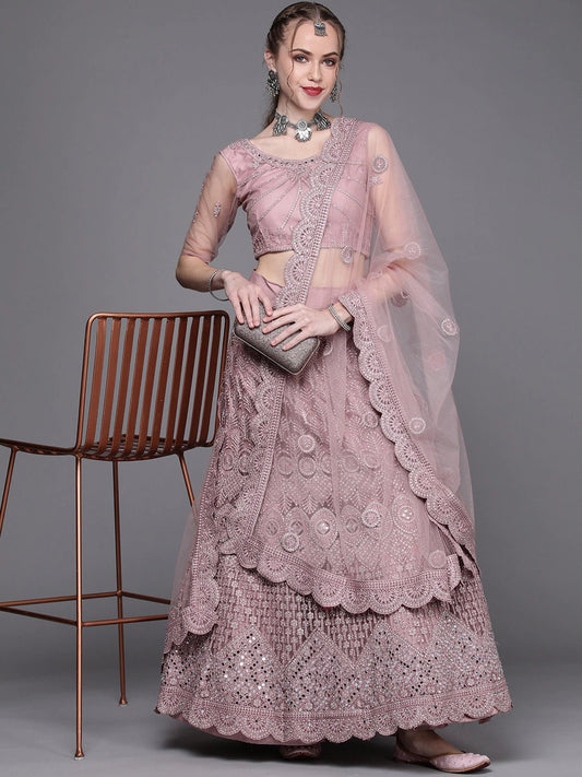 Pink Embroidered Semi-Stitched Lehenga with Unstitched Blouse & Dupatta - Inddus.com