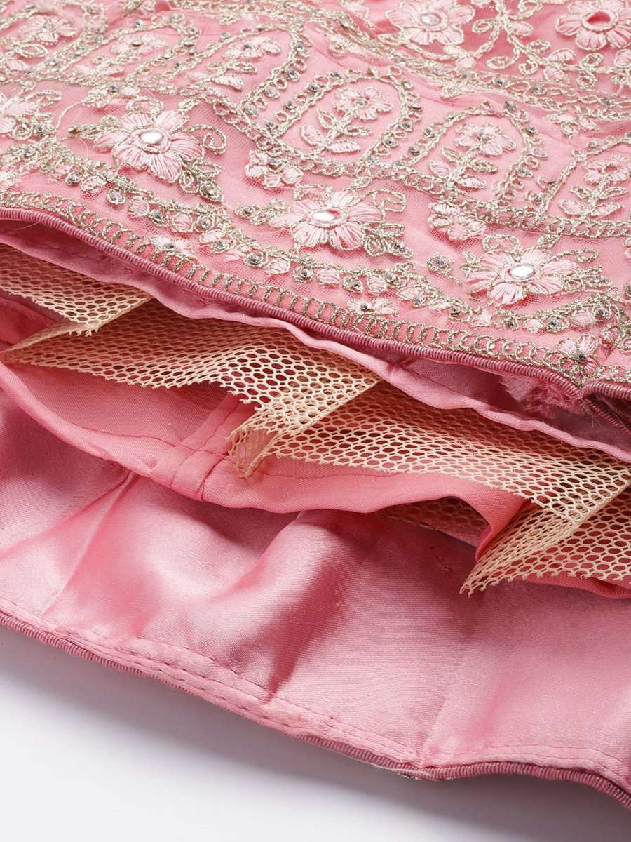 Pink Embroidered Semi-Stitched Lehenga with Unstitched Blouse & Dupatta - Inddus.com