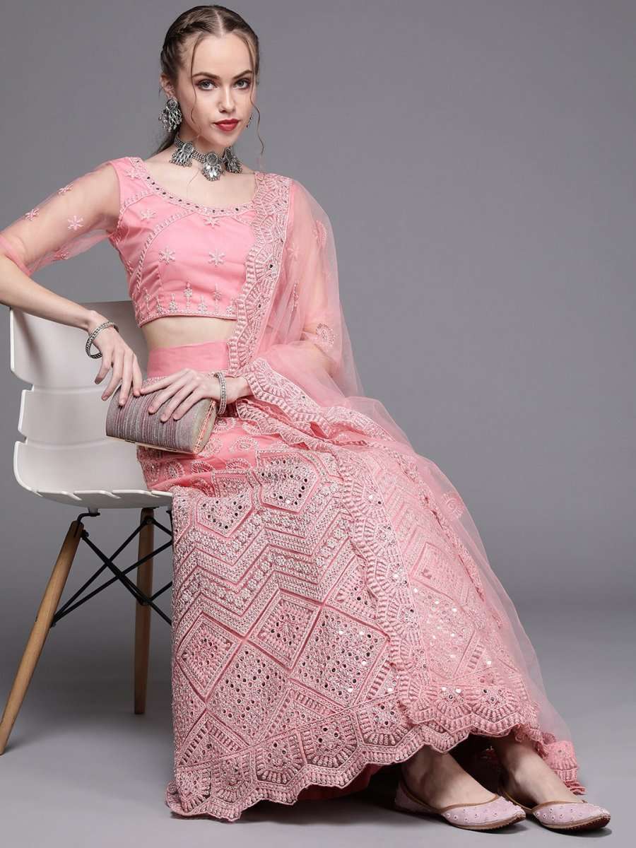 Pink Embroidered Semi-Stitched Lehenga with Unstitched Blouse & Dupatta - Inddus.com