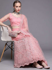 Pink Embroidered Semi-Stitched Lehenga with Unstitched Blouse & Dupatta - Inddus.com
