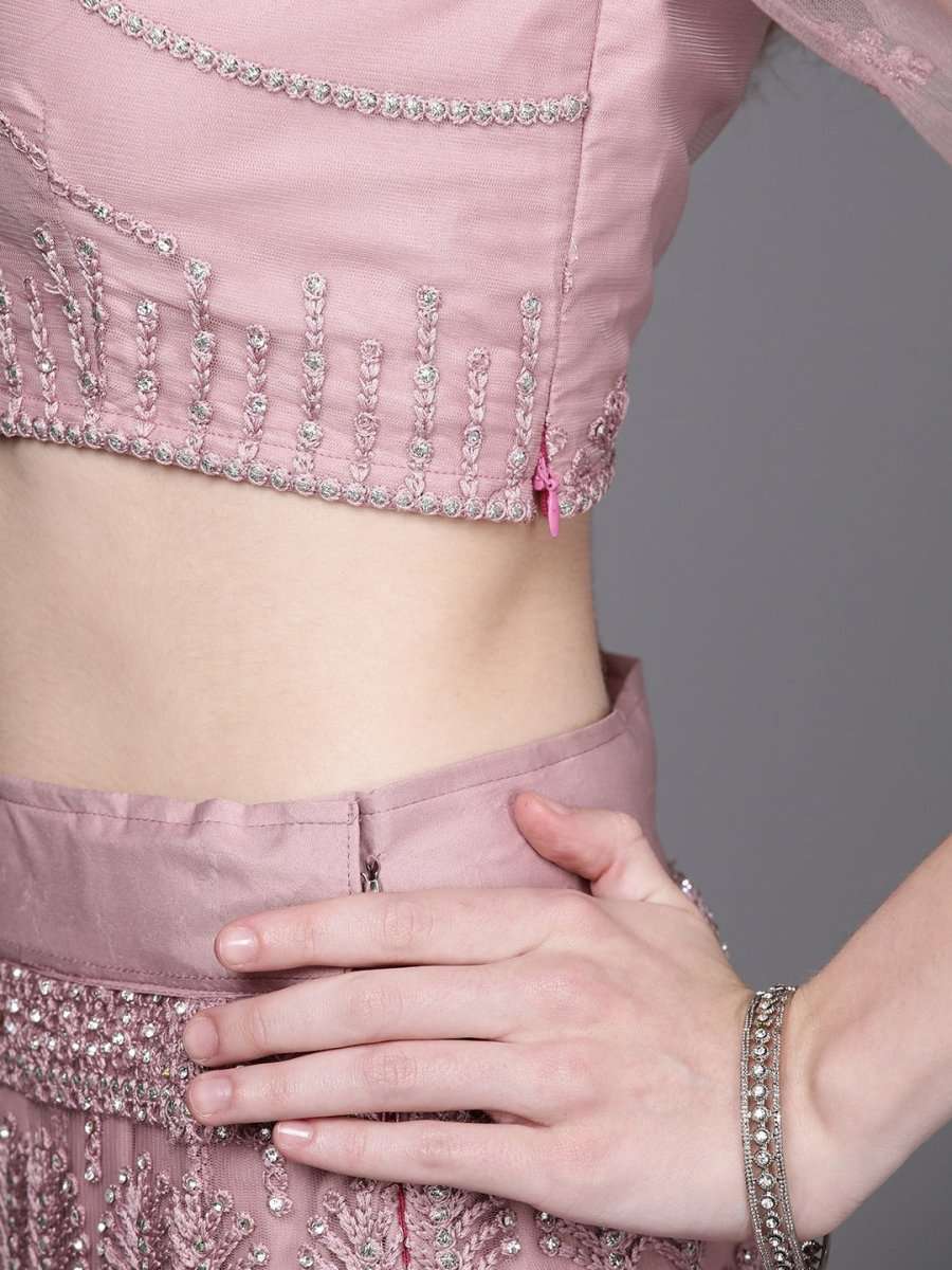 Pink Embroidered Semi-Stitched Lehenga with Unstitched Blouse & Dupatta - Inddus.com